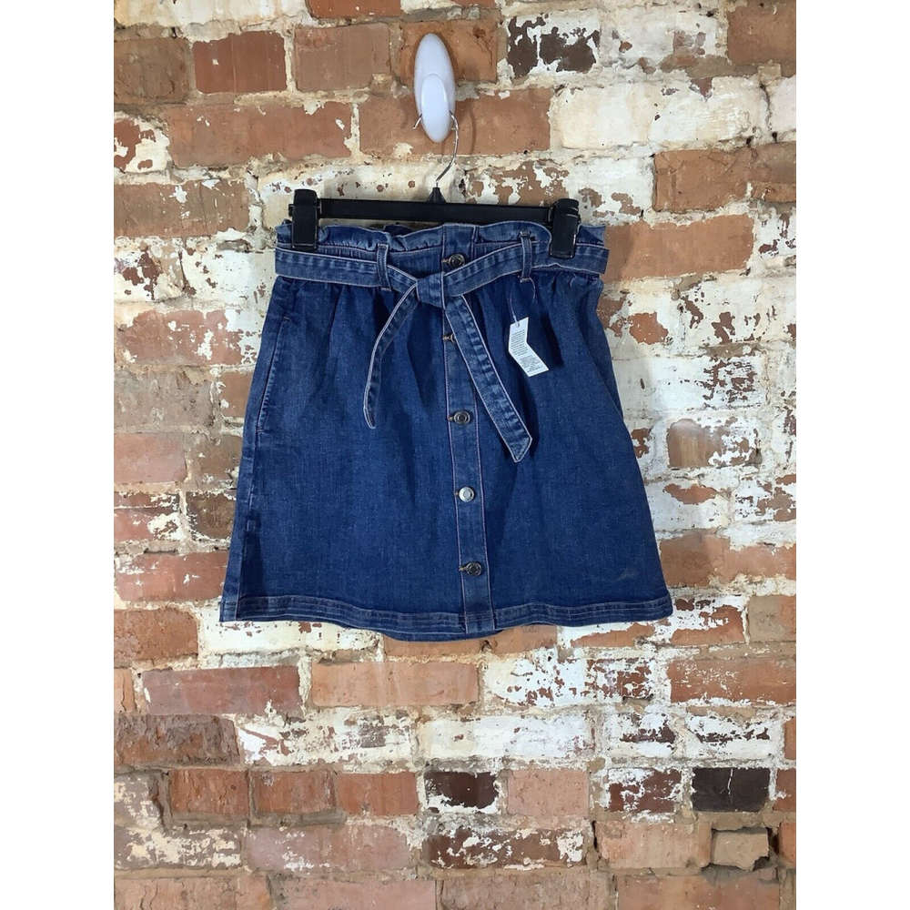 NWT Lands End Jean Skirt Girls Sz 14 Denim Paperbag Belted Button Front Classic